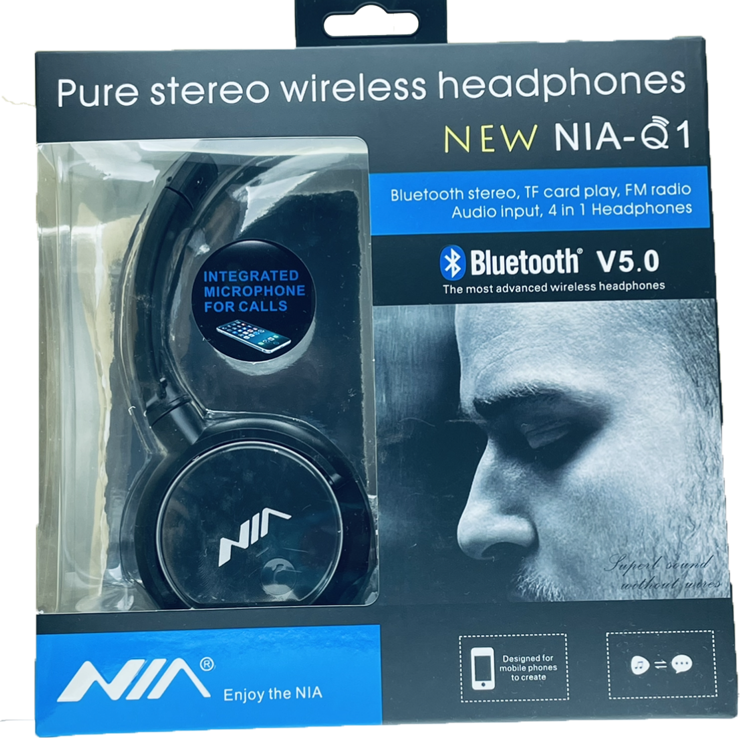 Nia Casque Bluetooth Q1 avec Microphone Radio FM support Micro SD Auxiliaire - noir